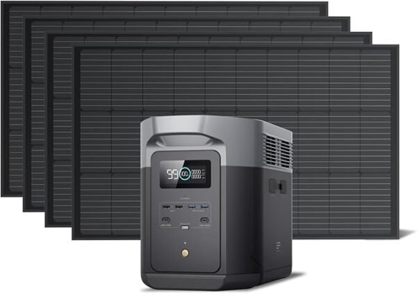 EF ECOFLOW Solar Generator DELTA 2 Max 2048Wh with 4X100W 12V Solar Panels, High Efficiency Monocrystalline PV Modules, 2400W LFP Portable Power Station, AC + Solar Fast Dual Charging For Camping RV