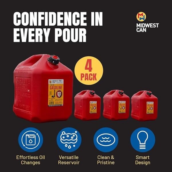 Midwest Can 5610 Safe-Flo Auto Shut Off 5 Gallon Gas Can – Durable Fuel Containers with FlameShield Safety System & Quick-Flow Spout - Red - 4 Pack - Image 4