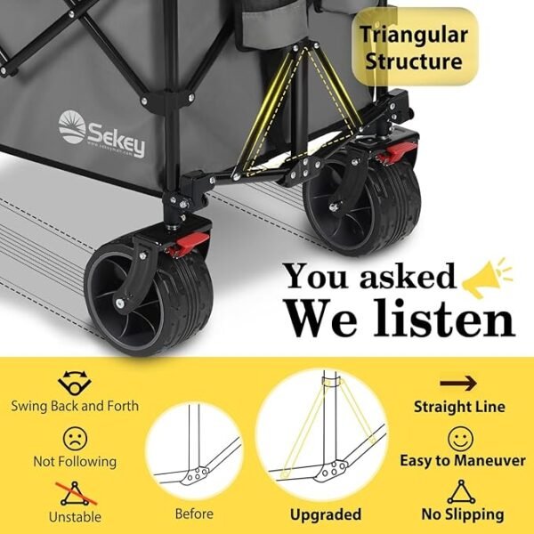 Sekey 48''L Collapsible Foldable Extended Wagon with 440lbs Weight Capacity, Heavy Duty 300L Folding Utility Garden Cart with Big All-Terrain Beach Wheels & Drink Holders. Grey - Image 2