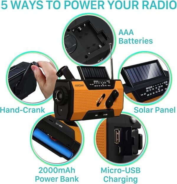 FosPower Emergency Weather Radio (Model A1) NOAA/AM/FM with 7400mWh Portable Power Bank, USB/Solar/Hand Crank Charging, Battery Operated, SOS Alarm & Flashlight for Indoor/Outdoor Emergencies - Image 4
