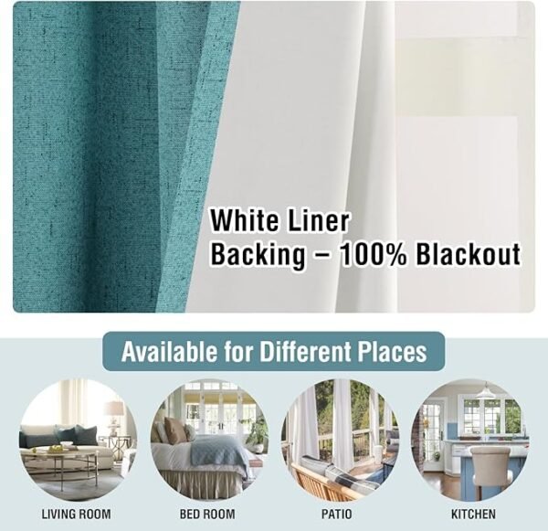 H.VERSAILTEX Linen Blackout Curtains 108 Inches Long 100% Absolutely Blackout Thermal Insulated Textured Linen Look Curtain Draperies Anti-Rust Grommet, Energy Saving with White Liner, 2 Panels, Teal - Image 2