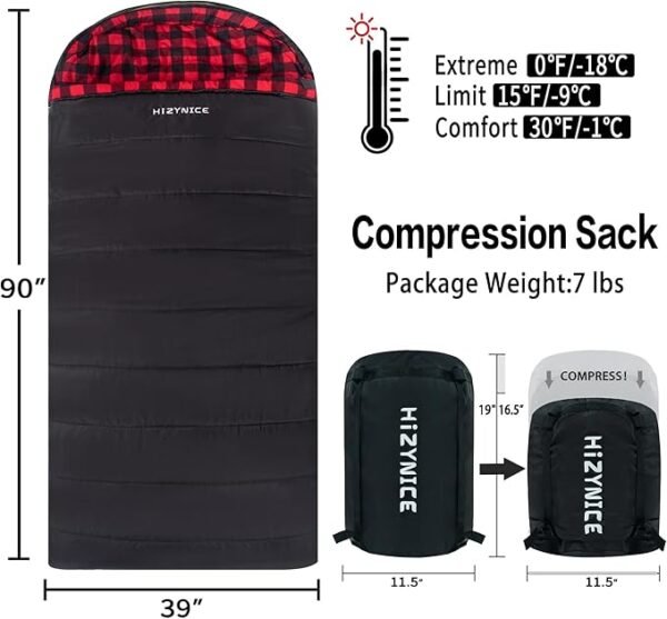 0 Degree Sleeping Bag 100% Cotton Flannel XXL for Adults Big and Tall Cold Weather Winter Zero Degree Camping,Free Compression Sack - Image 2