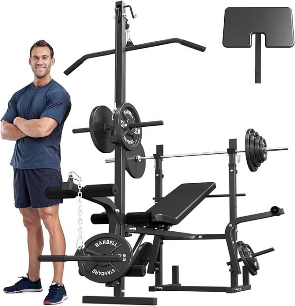 Mikolo 8 in 1 Olympic Weight Bench Set with Leg Extension and Leg Curl, Multi-Function Bench Press Set with Preacher Curl Pad and Chest Fly, Full-Body Strength Training Equipment