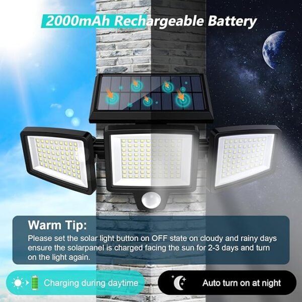 Tuffenough Solar Outdoor Lights 2500LM 210 LED Security Lights with Remote Control,3 Heads Motion Sensor Lights, IP65 Waterproof,270° Wide Angle Flood Wall Lights with 3 Modes(2 Packs) - Image 3