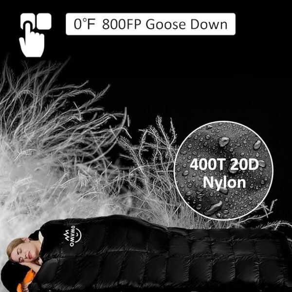'-10°F 0°F Goose Down Sleeping Bag for Adults,800 Fill Power,Ultralight Wearable 4 Season Cold Weather Rectangle Sleeping Bag for Camping Hiking,Can be Used as a Down Blanket or Cloak - Image 3