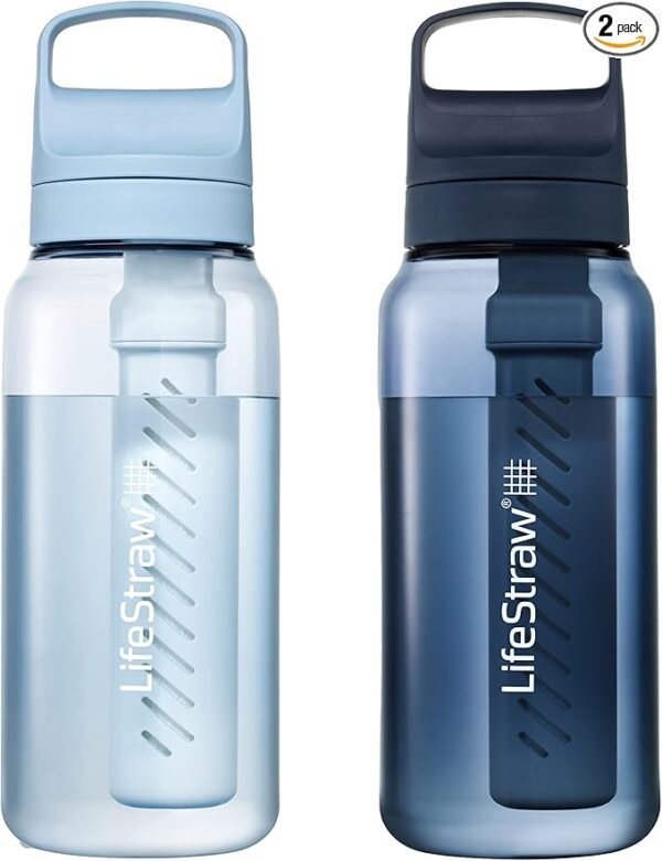 LifeStraw Go Series – BPA-Free Water Filter Bottle for Travel and Everyday use removes Bacteria, parasites and microplastics, Improves Taste, 1L 2-Pack; Icelandic Blue and Aegean Sea