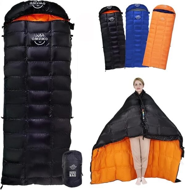 '-10°F 0°F Goose Down Sleeping Bag for Adults,800 Fill Power,Ultralight Wearable 4 Season Cold Weather Rectangle Sleeping Bag for Camping Hiking,Can be Used as a Down Blanket or Cloak