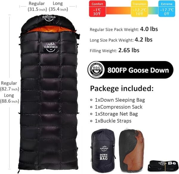 '-10°F 0°F Goose Down Sleeping Bag for Adults,800 Fill Power,Ultralight Wearable 4 Season Cold Weather Rectangle Sleeping Bag for Camping Hiking,Can be Used as a Down Blanket or Cloak - Image 2