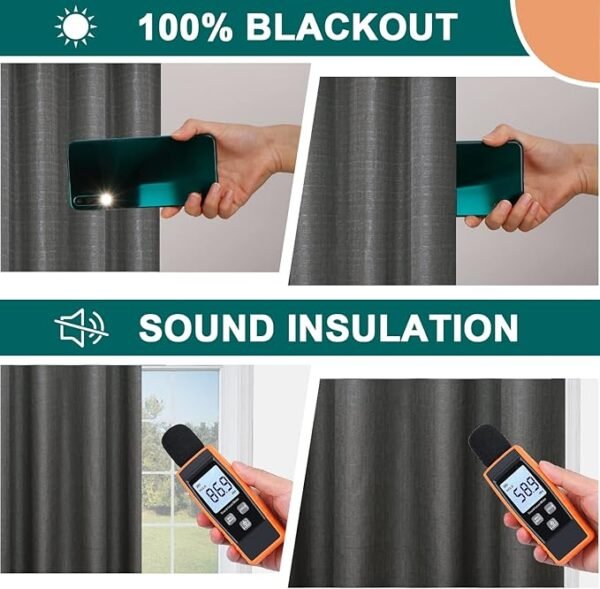 Diraysid 100% Blackout Curtains Dark Grey Linen Curtains for Bedroom Grommet Thermal Insulated Room Darkening Drapes (2 Panels, W38 x L63 Inch) - Image 3