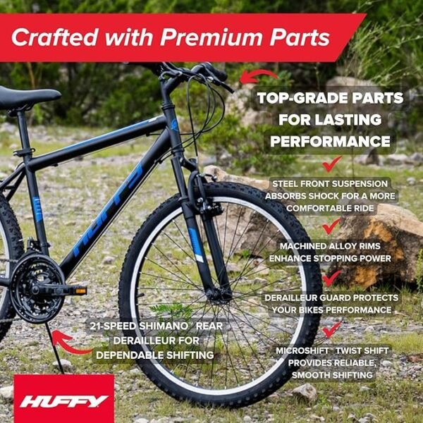 Huffy Stone Mountain Hardtail Mountain Bike for Boys/Girls/Men/Women, 20"/24"/26" Sizes, 6 or 21 Speed Shimano Twist Shifting, Front or Dual Suspension, Comfort Saddle, Sleek Colors - Image 3