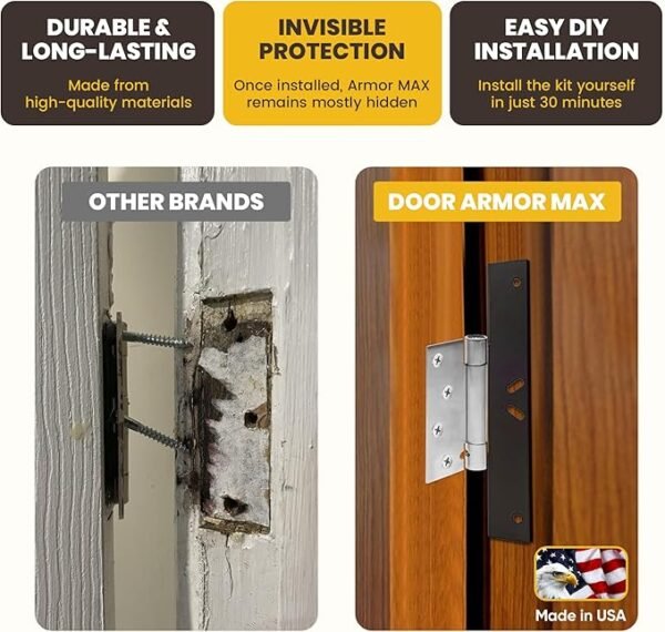 Door Armor MAX - Door Reinforcement Kit for Anti Kick Front Door Security, 5-Piece Door Reinforcement Plate for Door Jamb & Door Frame, Made in USA Home Security - Aged Bronze - Image 3
