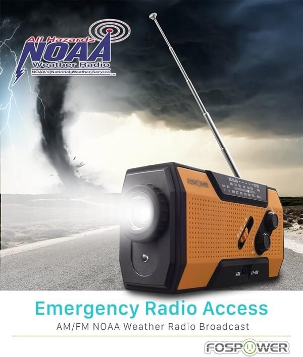 FosPower Emergency Weather Radio (Model A1) NOAA/AM/FM with 7400mWh Portable Power Bank, USB/Solar/Hand Crank Charging, Battery Operated, SOS Alarm & Flashlight for Indoor/Outdoor Emergencies - Image 3