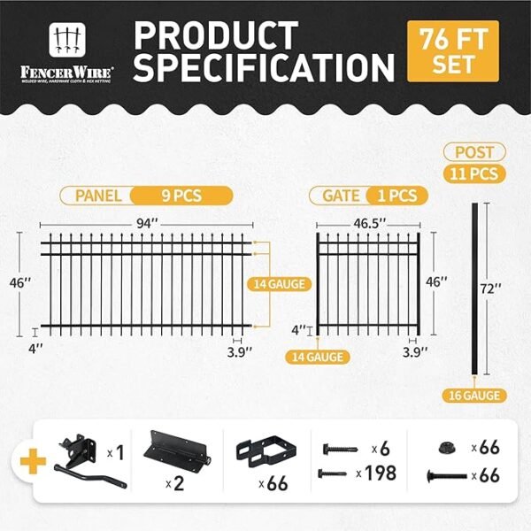 Fencer Wire 76FT Heavy Duty Pinnacle Fence Barrier Kit, Anti-Rust Metal Steel Fence with 4FT Height X 8FT Width Panels, Gate, Posts, Connectors, 2” Diameter Outdoor Fencing for Yard, Pool, Patio - Image 2