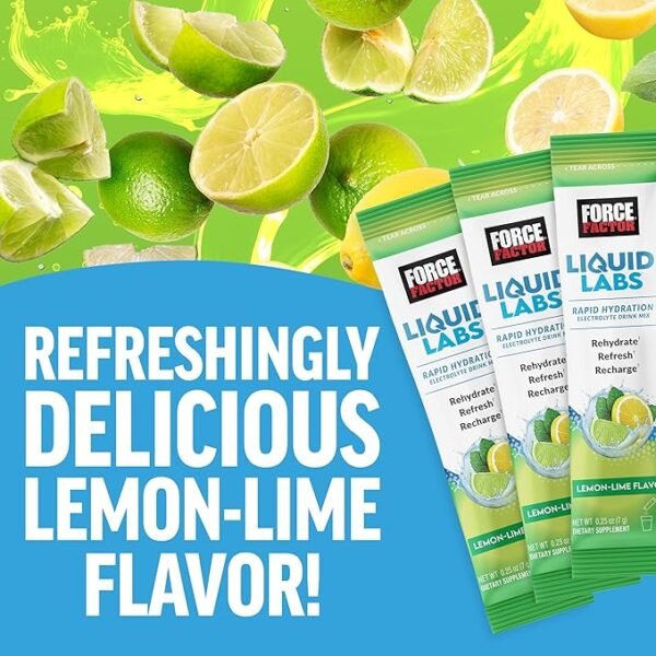 FORCE FACTOR Liquid Labs Electrolytes Powder Packets—Lemon Lime—Hydration Packets to Make Electrolyte Water with 5 Essential Electrolytes, Vitamins, Minerals, and Antioxidants, 20 Stick Packs - Image 2