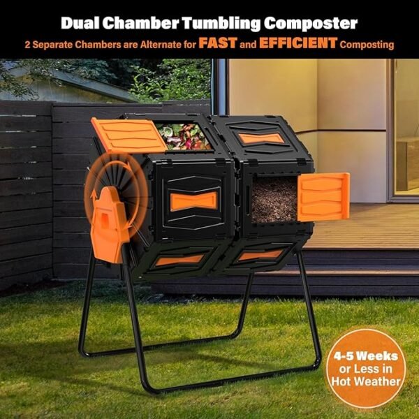 Compost Tumbler, Easy Assemble & Efficient Outdoor Compost Bin, 45 Gallon/170 Liter Large Dual Chamber Rotating Composter for Garden, Kitchen, and Yard Waste, Orange Door - Image 2